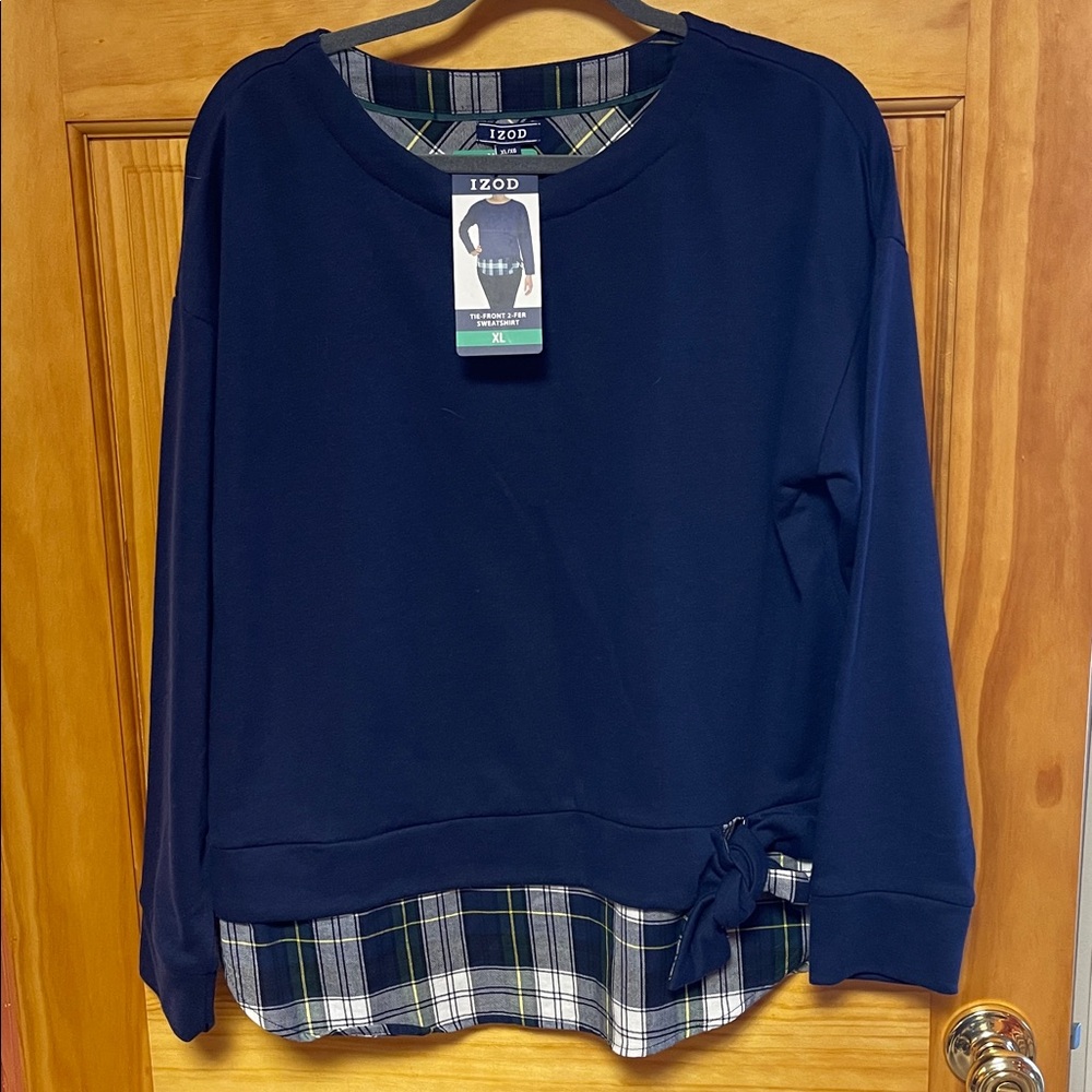 Izod Tie Front Sweatshirt, Navy Blue Plaid, Size XL, NWT